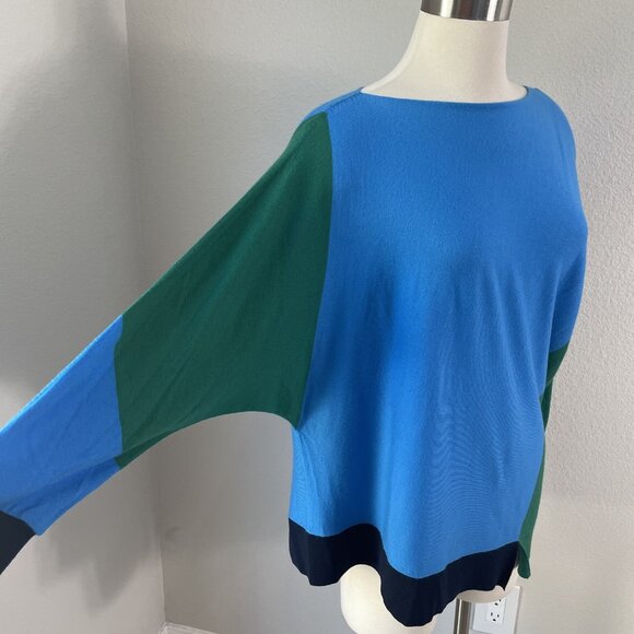 St John Sweater Womens Large Blue Green Wool Colorblock Pullover Relaxed Fit - Picture 2 of 10